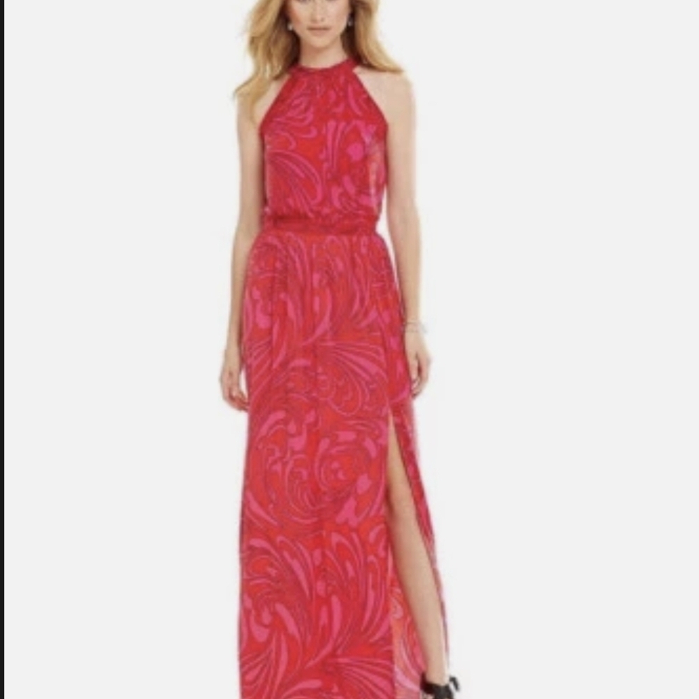MICHAEL KORS Cynthia Paisley Halter Maxi Dress Women’s Size 3X Radiant Pink Red
